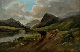 F. Healan (20th century) Oil on canvas Highland cattle in mountainous river landscape, signed