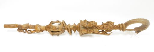 Nyami Nyami hardwood god walking stick from the Zambezi river area, carved depicting musicians and
