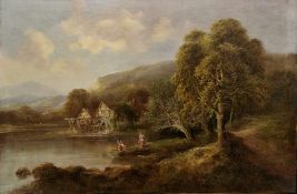 19th century British School  Oil on canvas Figures boating before a watermill, in river landscape,