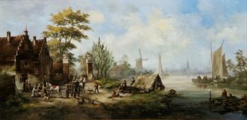 K.J (19th/20th century) Oil on panel Dutch riverside village scene with figures, dwellings and