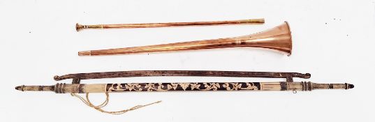 19th / early 20th century copper and brass two piece coaching horn, 123cm long together with a