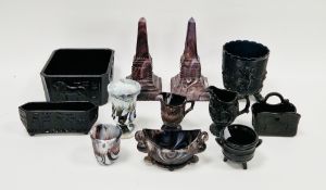 Quantity of Victorian pressed glass to include a pair of Sowerby purple Malachite glass obelisks,