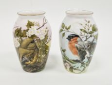 Two limited edition bone china oviform vases painted with birds by Helen Halloran, late 20th