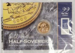 Elizabeth II 2000 gold bullion half sovereign, on original Royal Mint card and packet