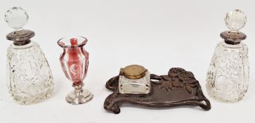 Glass inkwell on a matched bronzed naturalistic cast stand, registration number to base, 17cm long