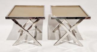 Pair of Origins London contemporary lamp or end tables of square form, the tops inset with gold foil