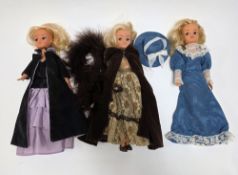 Three Pedigree Sindy dolls, circa late 1970's, all with blonde hair and blue eyes, dressed in