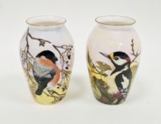 Two limited edition bone china oviform vases painted with birds by Helen Halloran, late 20th