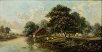 John Mundell (British, 1818-1875) Oil on canvas Pastoral river scene with figure fishing near a