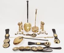 Collection of mainly antique copper and brass items including a 19th century copper pan with long