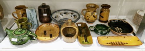 Andrew Hague stoneware bowl, painted with a band of leaves and resist hatching to the centre on an