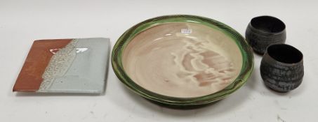 Four studio pottery items to include a Penny Simpson large circular bowl, impressed and initialed to