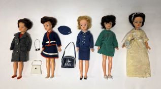 Five Pedigree Sindy dolls, circa 1960's, four with brown hair and blue eyes and one with blonde hair