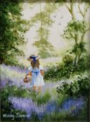 Mary Shaw (b.1955) Oil on board Young girl in woodland picking flowers, signed lower left, mount