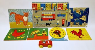 Abbatt Toys mid-century wooden puzzle board, Street scene, Kiddicraft cockerel jigsaw, Kiddicraft