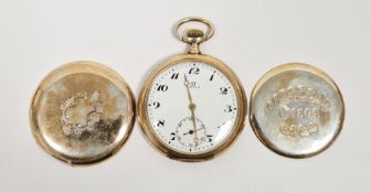 Omega silver gilt cased open-face pocket watch, 800 grade, crown wind, the white enamel face with