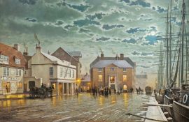 Rodney Charman (b.1944) Oil on canvas 'The Customs House', large scale evening dockside scene at