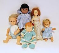 1940's composition baby doll, two Tiny Tears dolls, a Pedigree doll circa 1950's and a black plastic