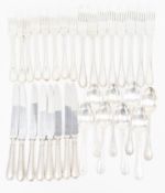 Collection of silver plated flatware by Roberts & Belk, Hester Bateman pattern handles including 8