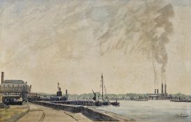 W. Stuart (mid-20th century)  Watercolour and pen  Industrial view of the Thames, signed lower