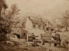 Samuel Prout (1783-1852) Watercolour Rural scene with boy seated on bridge fishing, signed and dated