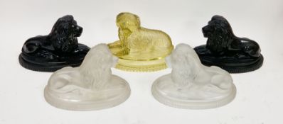 Two pairs of John Derbyshire press-moulded glass paperweights modelled as recumbent lions, circa