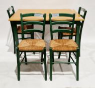 Modern dining table and four chair set, the table with beech wood effect top and green stained base,
