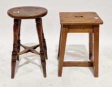19th century elm-seated stool on turned supports, X-shaped stretcher, 59cm high x 33cm wide and a