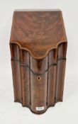 Georgian mahogany crossbanded knife box with serpentine front, 39cm high x 22.5cm wide