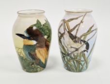 Two limited edition bone china oviform vases painted with birds by Helen Halloran, late 20th
