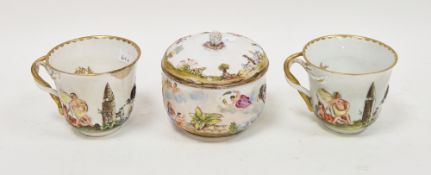 Capodimonte-style sugar-bowl and cover and two coffee-cups, circa 1890, gilt crowned N marks, each