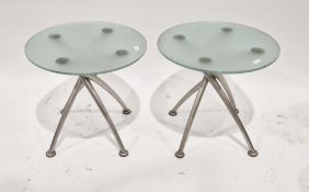 Pair of contemporary Gaze Burvill coffee tables, the circular frosted glass top on four brushed
