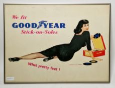 Three Goodyear advertising posters ' Stick-on-soles, what pretty feet ', each featuring a pin-up