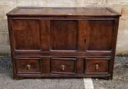 Antique oak mule chest, with triple frame panel top and front, three short drawers, on stile