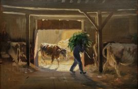 Donald Wood (British 1889-1953) Oil on board Cows and farmer in barn, signed lower right, image size