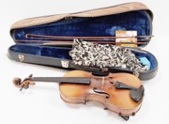 Late 19th century violin, the button stamped with mirrored RR monogram in shield and REGD beneath,