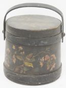 Painted pine firkin of cylindrical tapered form, with a floral design and swing handle, 23.5cm high