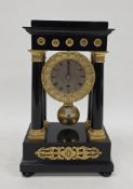 19th century French portico mantel clock, the engraved steel dial with roman numerals, the