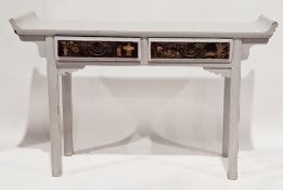 Chinese altar table, later painted grey, the two frieze drawers with the original chinoiserie