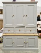 Painted pine kitchen larder cupboard in the 19th century style, the upper section with moulded