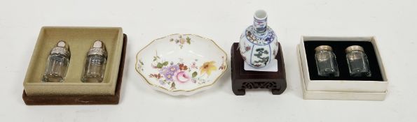 Derby Posies pattern small lobed oval dish, boxed, two pairs white metal mounted glass shakers,
