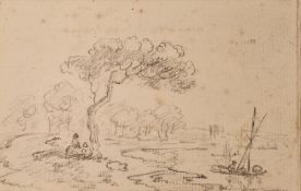 Manner of Richard Wilson (1713-1782) Pencil/black chalk on paper  Figure on riverbank before a small