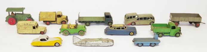 Quantity of playworn Dinky Toys to include 27D Land Rover box with one Land Rover, Daimler