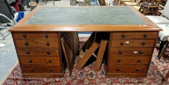 Large 19th century mahogany twin pedestal partner's desk, the rectangular top with green leather-