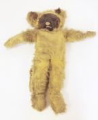 Merrythought 'Woosie' cat with golden mohair, orange and black eyes, light and dark brown mohair