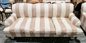 George Smith three-seater sofa, upholstered in salmon pink and cream striped suede fabric, on square