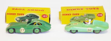 two boxed Dinky Toys diecast model racing cars to include 163 Bristol 450 Sports Coupe green body