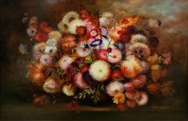 Jane Piper (British 20th century) Oil on panel Still life, bowl of chrysanthemums, and other flowers