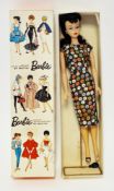 Barbie Mattel brunette ponytail doll, no.850, in spotted black dress with shoes and stand, with box
