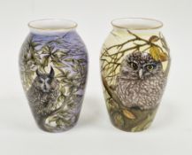 Two limited edition bone china oviform vases painted with birds by Helen Halloran, late 20th